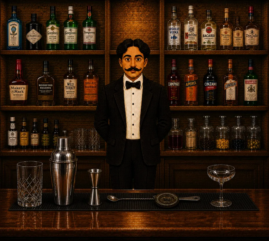A bartender in a tuxedo standing behind a bar, shelves of bottles behind him.