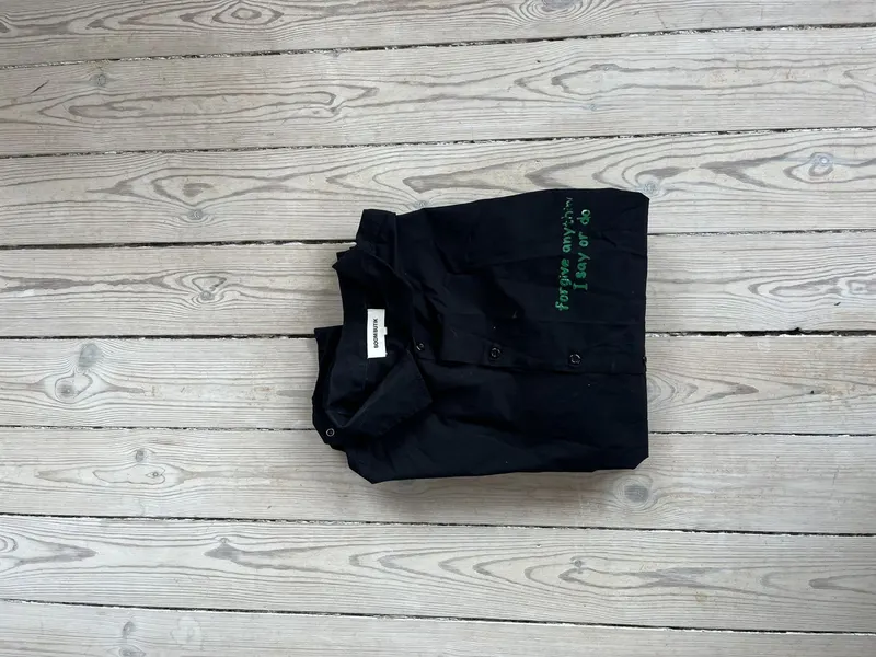 forgive anything I say or do — black dress shirt white canvas with green backprint 20 (photo 1 of 2)